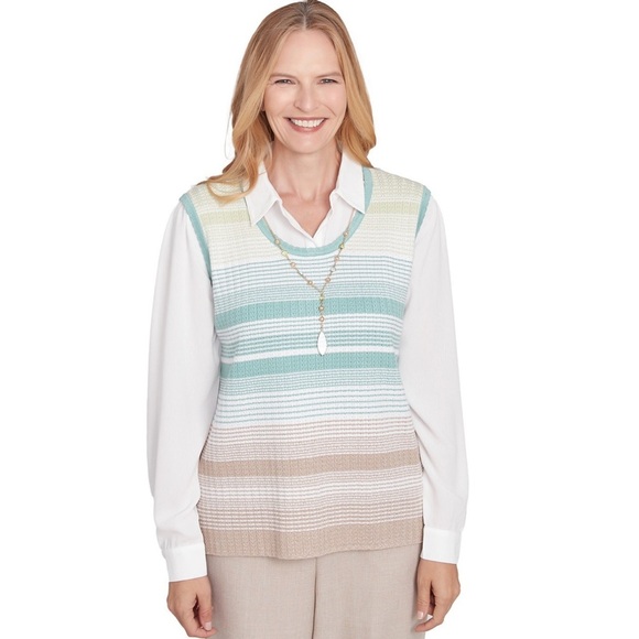 NWT Alfred Dunner Women's Striped Vest Two In One Sweater With Necklace Size M - Picture 1 of 12